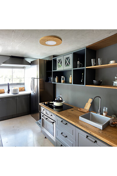 Marca Dekor 42cm - Yuvarlak Meşe Kaplama Led Tavan Aydınlatması, Yatak Odası, Koridor, Banyo Lambası