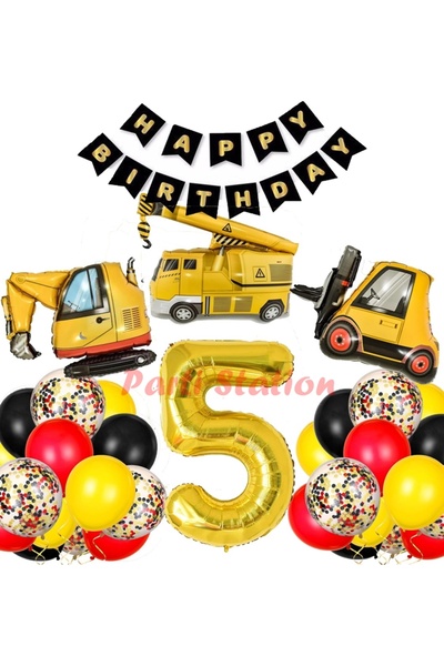 Parti Station İş Makinaları İnşaat Parti 5 Yaş Balon Set Kepçe Balon Vinç Bal...