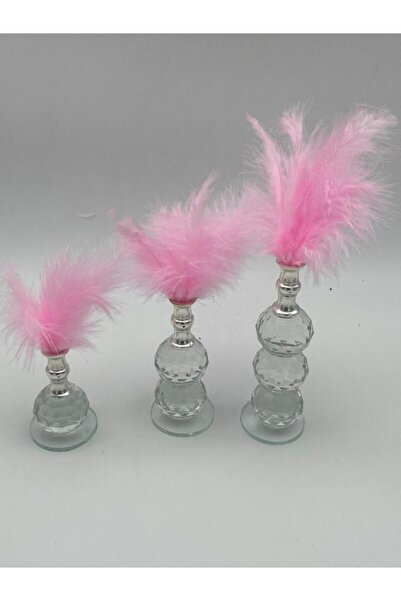 PoyaMum Dekoratif Tüy, Pembe - Gümüş Kristal Cam Tüylük, 3'lü Biblo Set