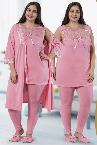 JENİKA Women's Large Size 3-Piece Pajamas Set with Dressing Gowns