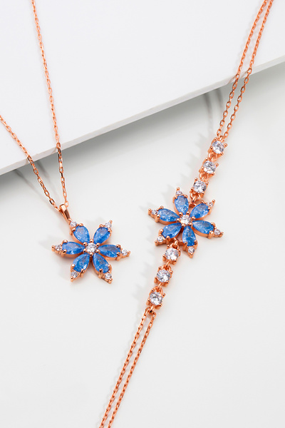 Else Silver 925 Ayar Gümüş Nergis Çiçeği Takı Seti - Mavi