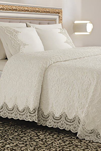 STEEL HOME COLLECTİON French Lace, Guipure 6 Piece Blanket Set Cream (DOWER BOXED)