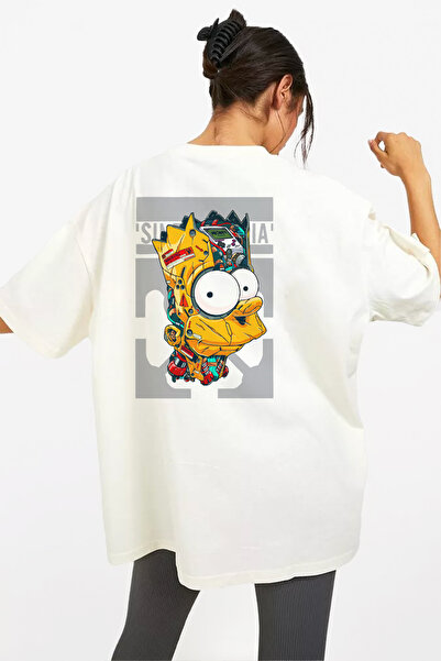 OLCMODA Tricou alb cu desene animate The Simpsons, cu decolteu, bumbac, supra...