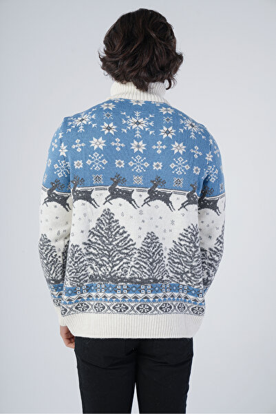 Trist Star Bone Men's Jacquard Deer Patterned Turtleneck New Year's Knitwear Wool Sweater
