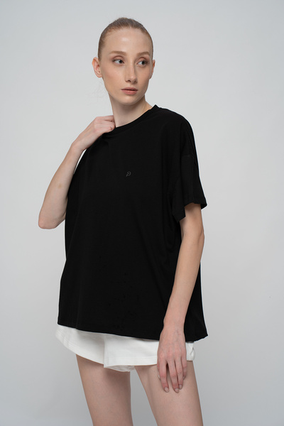 PAKONN تي شيرت نسائي أسود 100% قطن كبير الحجم/قصة واسعة بياقة دائرية