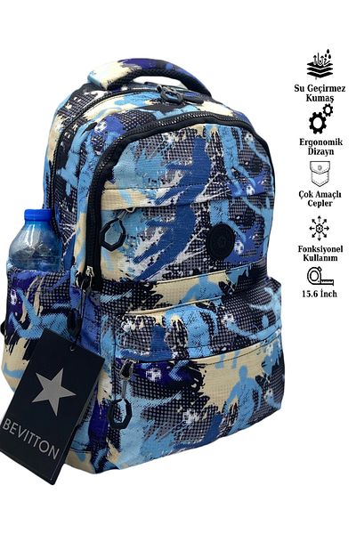 Bevitton Water Repellent Fabric School Bag Unisex School Backpack 20289 Blue-Silvery