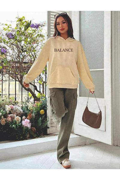 AMMA Φούτερ Unisex Beige Balance με στάμπα με κουκούλα oversize