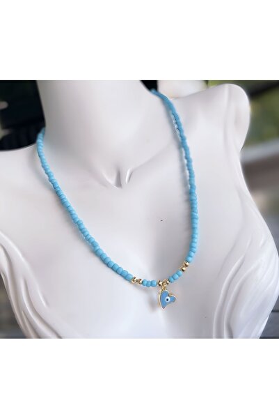 QUEEN AKSESUAR Trend moda miyuki tarz kalp nazar boncuklu gold altın mavi uğu...