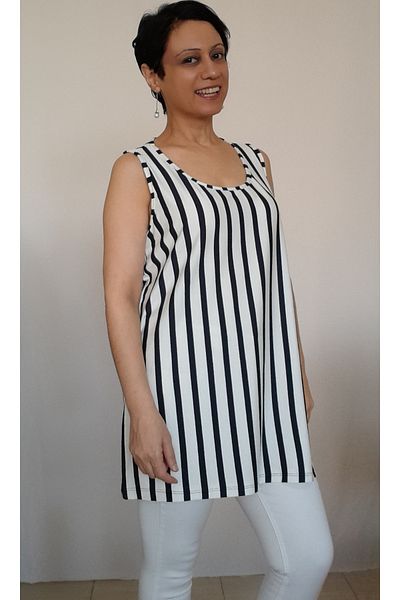 Mertcan Butik White Navy Blue Striped Thick Strap Combed Cotton Viscose T-Shirt