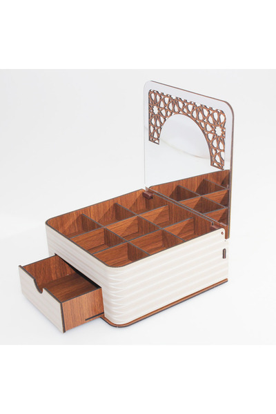 VoleeCraft صندوق مجوهرات مع مقصورات وأدراج ذات مرآة ومنظم صندوق مكياج لقلادة المجوهرات