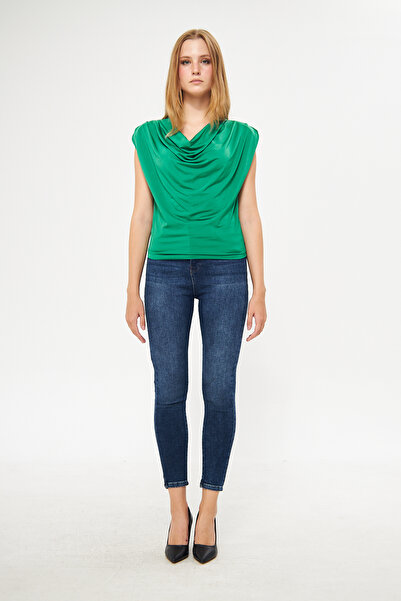 vuvutasarım Flexible Sandy Fabric Lace Collar Sleeveless Green Blouse with Padded Shoulders 1009