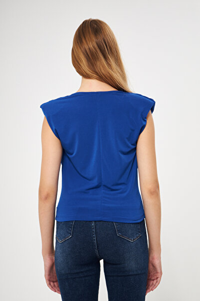 vuvutasarım Padded Shoulders Flexible Sandy Fabric Lace Collar Sleeveless Saks Blue Blouse 1009