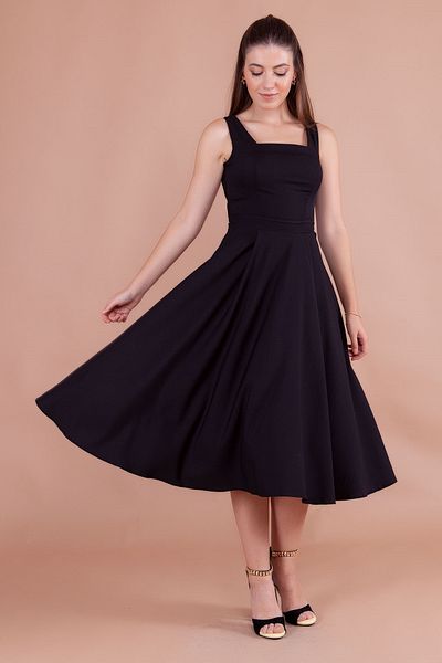 lovebox Flexible Atlas Fabric Square Collar Thick Strap Pleated Flared Cut Midi Length Black Evening Dress 413