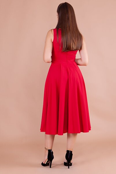 bayansepeti Women's Flexible Atlas Fabric Thick Strap Square Collar Flared Cut Midi Length Red Dress 413