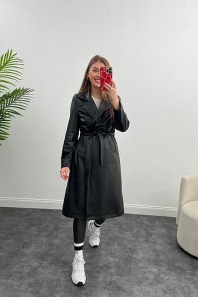 buqre's moda Black Oversize Wide Cut Belted Faux Leather Trench Coat