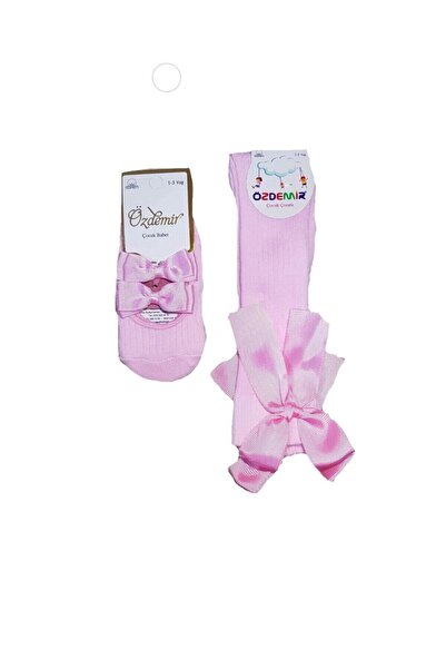 ÖZDEMİR Kız Çocuk Pembe Kokulu Fiyonklu Babet ve Diz Altı Çorabı