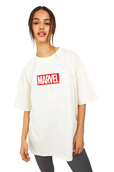 OLCMODA Beyaz Marvel Tasarım Baskılı Bisiklet Yaka Pamuklu Oversize Kadın Erk...