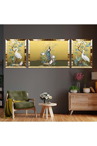 Zevahir Mobilya Dekorasyon Gold Aynalı Pleksi Çerçeveli Üçlü Gold Arka Planlı...