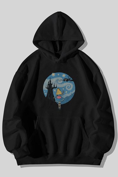 Harmandar Starry Night Alice Printed Unisex Black Kangaroo Pocket Hooded Sweatshirt Hoodie