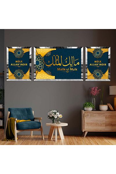 Zevahir Mobilya Dekorasyon Set de pictură din MDF triplu cu cadru din plexiglas cu oglindă argintie, fundal albastru închis, proprietatea lui Dumnezeu