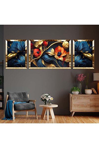 Zevahir Mobilya Dekorasyon Gold Aynalı Pleksi Çerçeveli Üçlü Mavi Çiçek Desen...