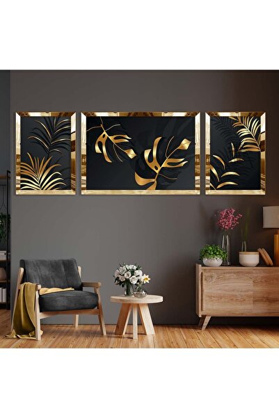 Zevahir Mobilya Dekorasyon Gold Aynalı Pleksi Çerçeveli Üçlü Siyah Arka Planl...