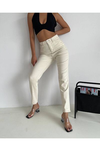 MAKRAS EXCLUSIVE Blugi mom cu talie înaltă bej