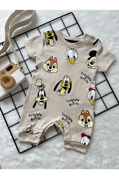 Minizade Mickey Printed Short Sleeve Unisex Jumpsuit with Snaps at the Bottom
