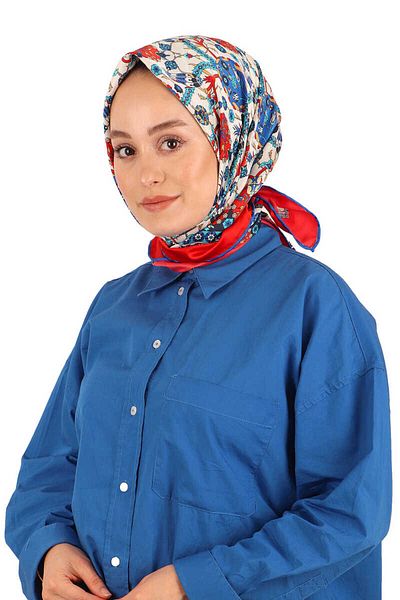 Bursa İpek Red Tile Tulip Pattern Silky Scarf