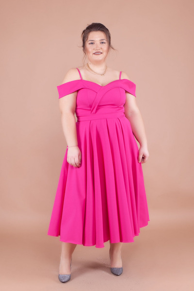 NO48 Φούξια μίντι μήκους φόρεμα μεγάλου μεγέθους με λεπτομέρεια με λουράκια α...