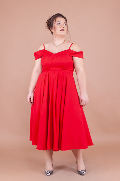 NO48 Red Midi Strap Off-Shoulder Detail Pleated Dress