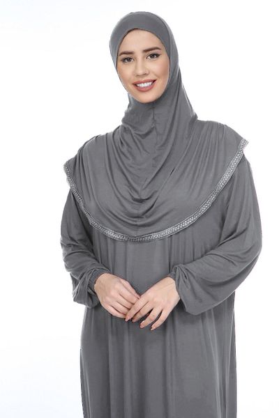 REİSA Gray Solid Color Cotton Fabric Prayer Dress with Headscarf