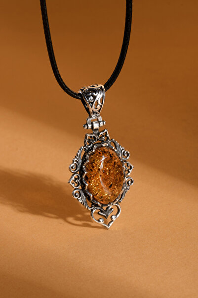 Takıdepo Orijinal Damla Kehribar El İşi Gümüş Kolye