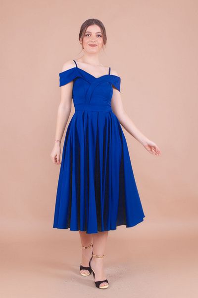 NO48 Sax Blue Midi Length Strap Off-Shoulder Detail Pleated Dress