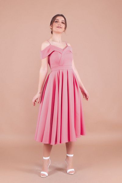 NO48 Πλισέ φόρεμα Dusty Rose Midi με λουράκι εκτός ώμου