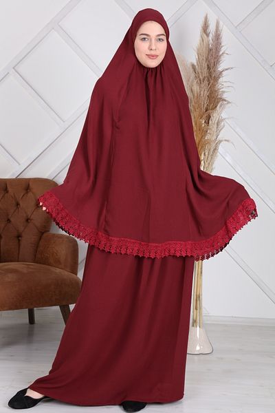R reisa Women's Burgundy Two Piece Lace Arabic Model Prayer Dress
