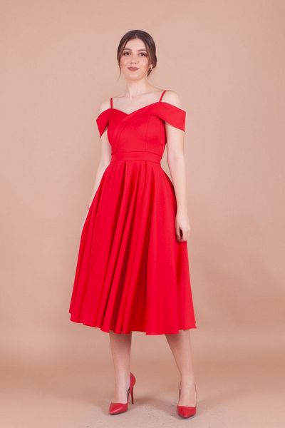 NO48 Red Midi Strap Off-Shoulder Detail Pleated Dress