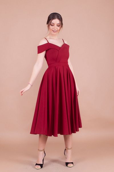 NO48 Burgundy Midi Strap Off-Shoulder Detail Pleated Dress