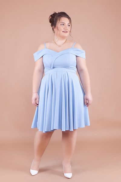 NO48 Baby Blue Plus Size Μίνι λουράκι με λεπτομέρεια από τον ώμο Πλισέ φόρεμα