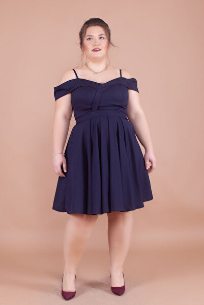 NO48 Φόρεμα με πλισέ με λεπτομέρεια σε μπλε Navy Plus Size Mini Length Strap Off Shoulder