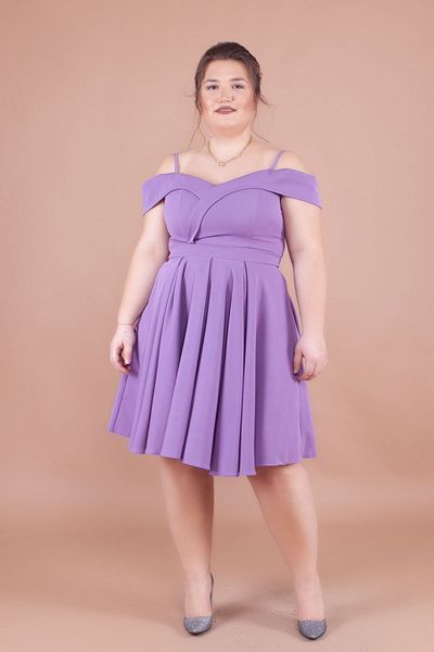 NO48 Lilac Plus Size Mini-Length Strap Off-Shoulder Detail Pleated Dress