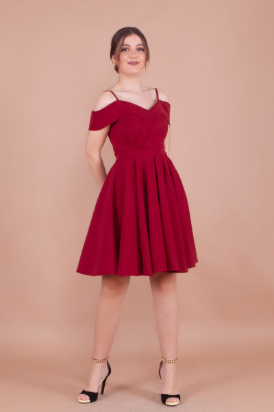 NO48 Bordo Mini Boy Askılı Düşük Omuz Detay Pileli Elbise