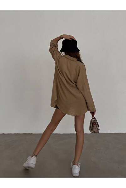 LB Laluna Butik Γυναικείο λινό πουκάμισο με διπλή τσέπη με χαλαρή εφαρμογή