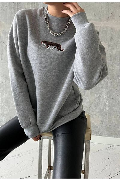 Muaz WOMEN'S LEOPARD EMBROIDERY PATTERNED BICYCLE COLLAR GRAY SWEATSHIRT