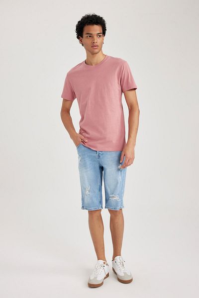 DeFacto Slim Fit Slim Fit Crew Neck Basic μονόχρωμο κοντομάνικο βαμβακερό μπλουζάκι B0653axns