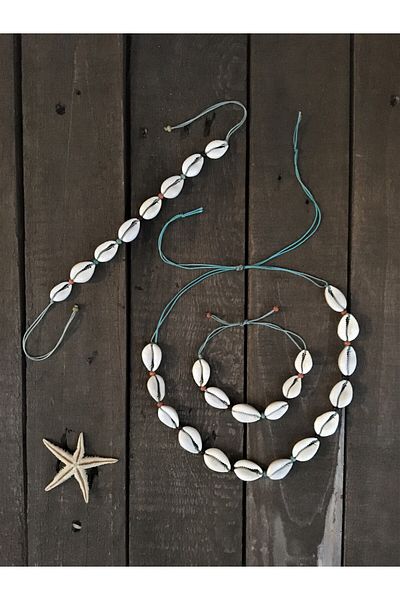 özde dekor Beaded, Sea Shell 3-Piece Jewelry Set (NECKLACE&HALS&BRACELET) with Turquoise String