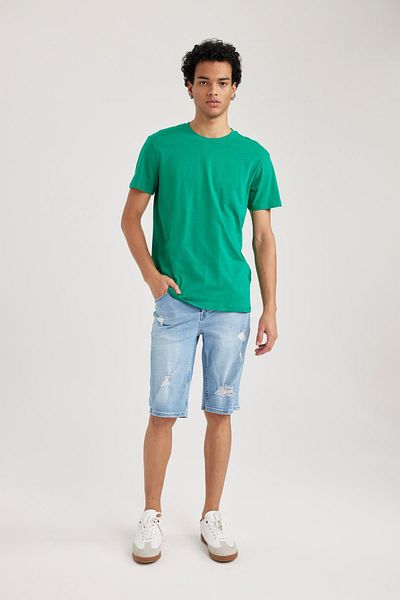 DeFacto Slim Fit Slim Fit Crew Neck Basic Jednobarevné bavlněné tričko s krátkým rukávem B0653axns