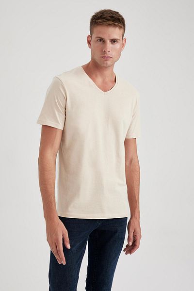 DeFacto Slim Fit Slim Fit bavlněné tričko s výstřihem do V B0646axns