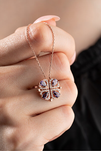 Nereze 925 Ayar Gümüş Mıknatıslı Ayrılabilir Mor Zirkon Taşlı 4 Kalpli Yonca Kolye