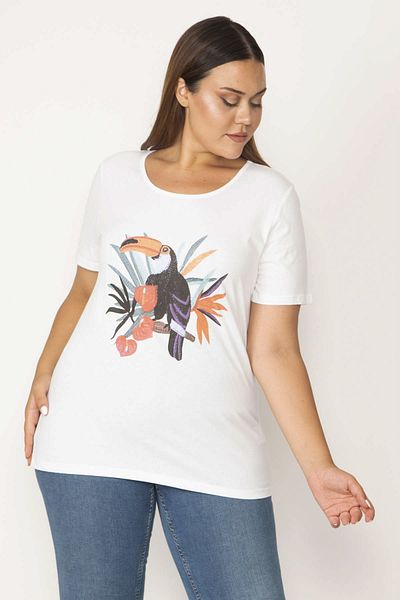 Şans Women's Large Size Bone Cotton Fabric Front Printed Short Sleeve Blouse 65N36781